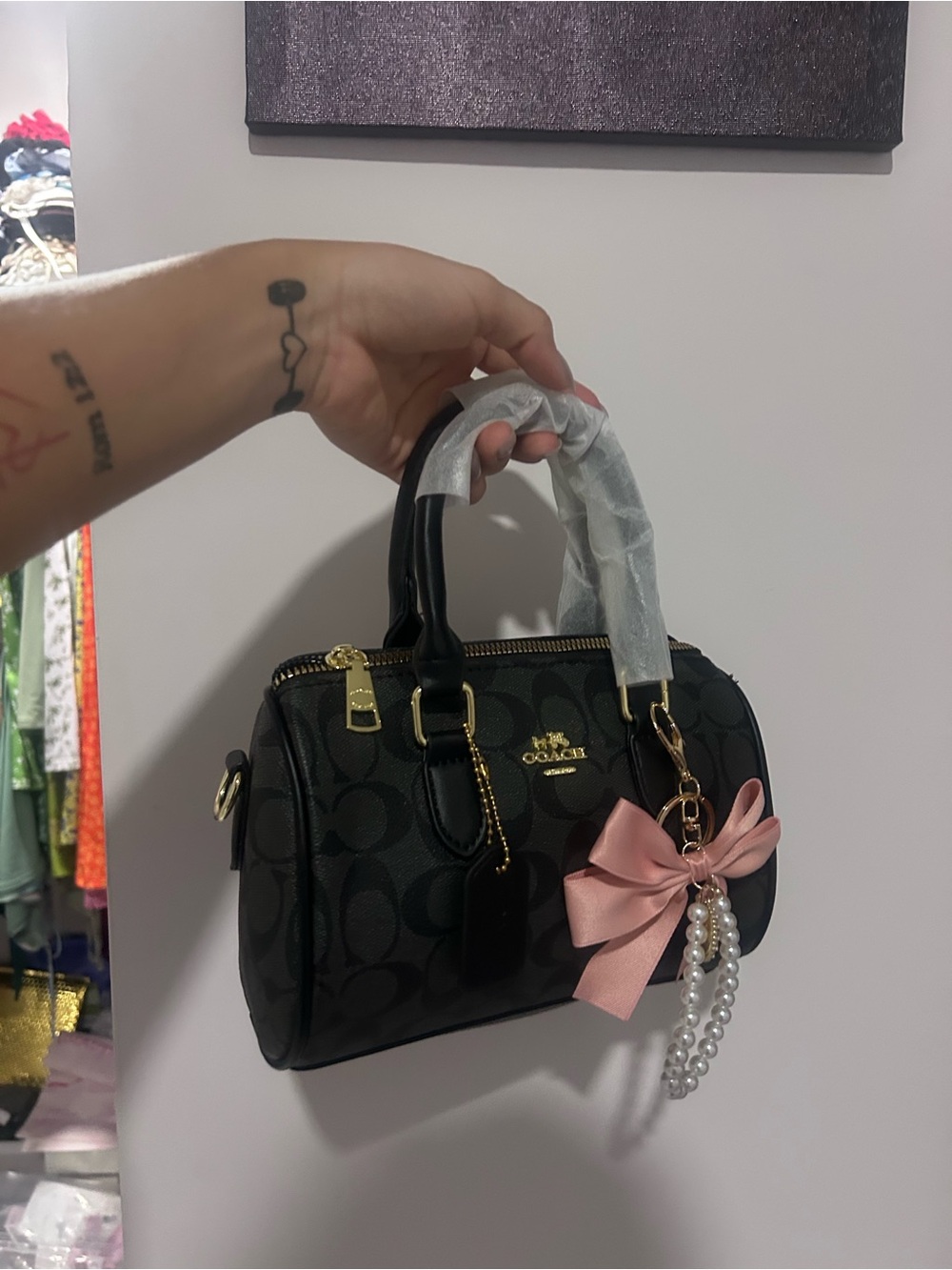 Coach Black Signature Mini Satchel with Pink Bow and Pearl Charm - Picture 3 of 6
